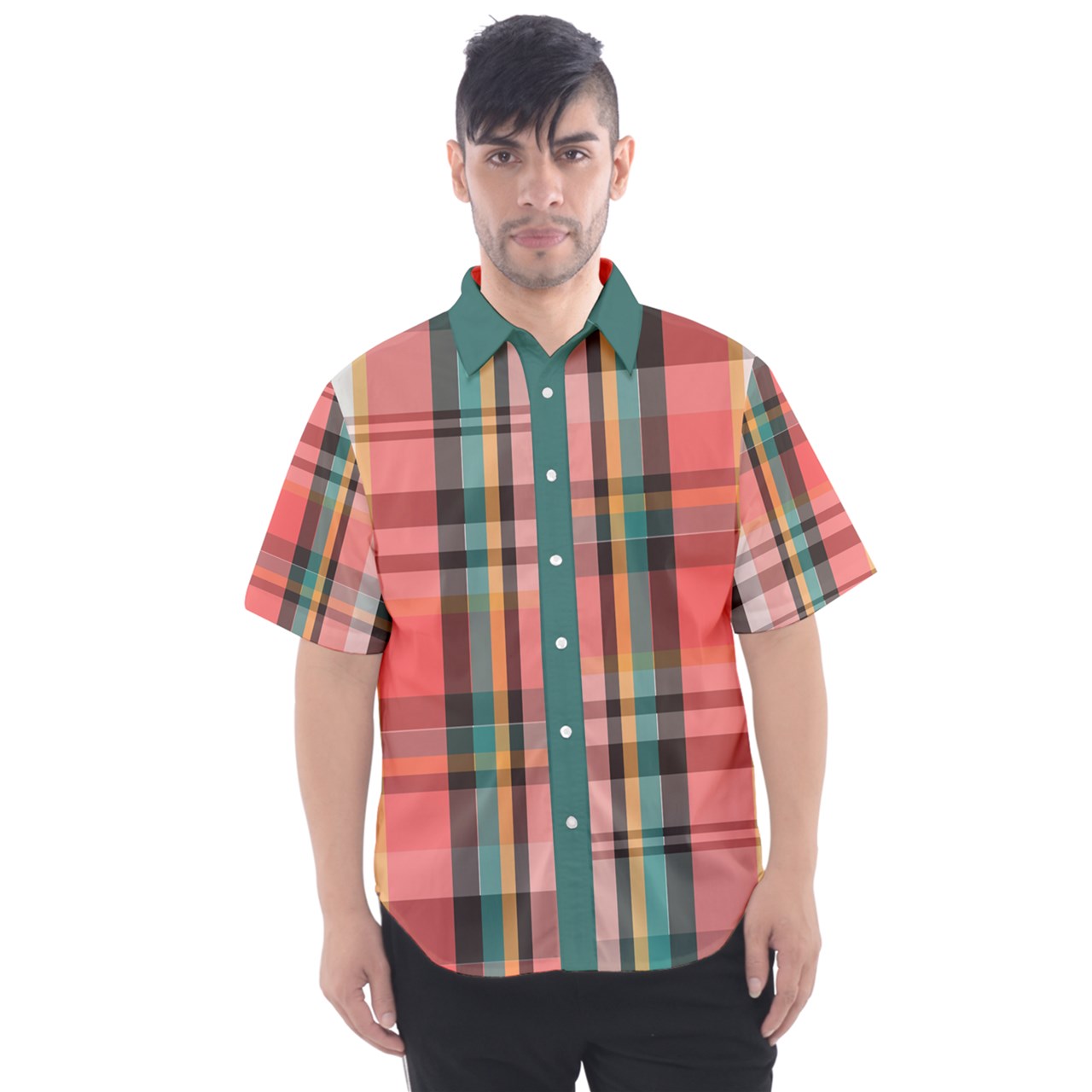 Pink Plaid Men's Short Sleeve Shirt